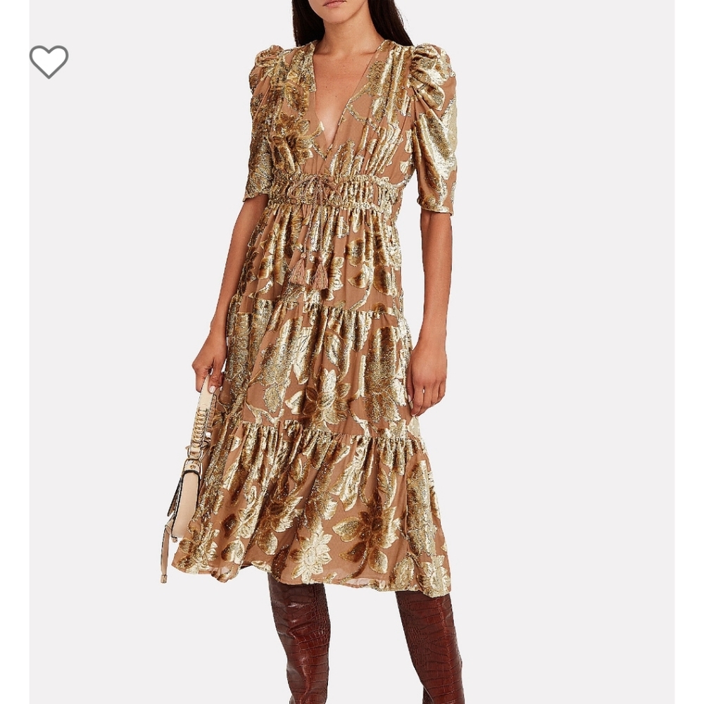 Ulla Johnson Gold Metallic Floral Midi Dress on Tan Ground
